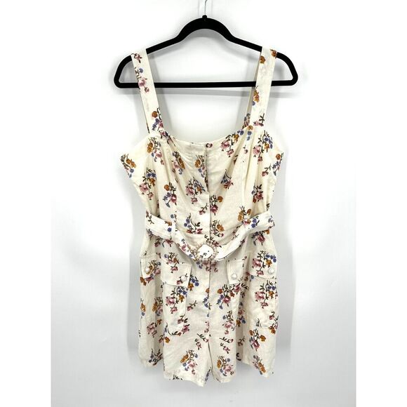 HOUSE OF HARLOW 1960 Beige Pink Floral Linen Button Up Belted Romper Size 12 - Picture 1 of 8